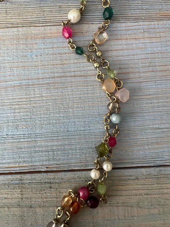 3pc Spring Necklace Set Red Choker, Green Seed Bead, Long Gold Multicolor Layers - Picture 11 of 13